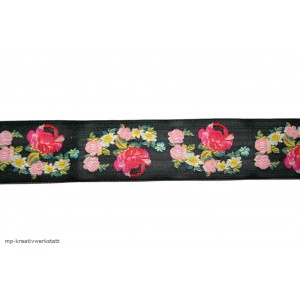 1m Blumenborte Rosen auf Schwarz 40mm breit